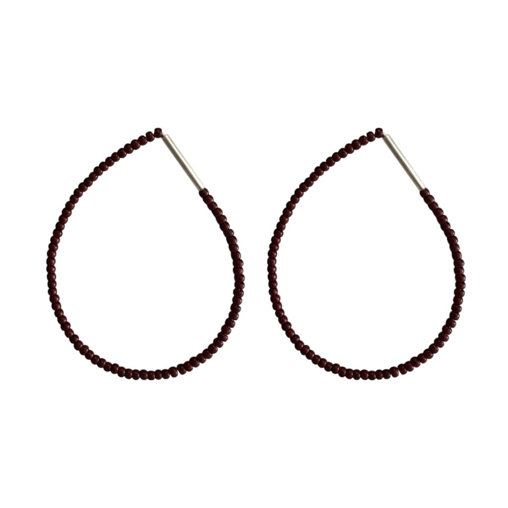 burgundy coloured beaded hoops