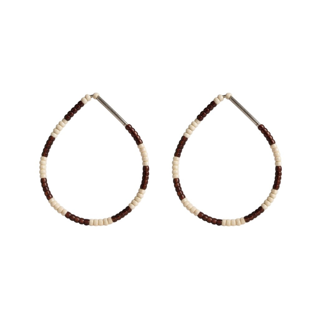 Pair of beaded hoop earrings with brown and beige beads on a white background