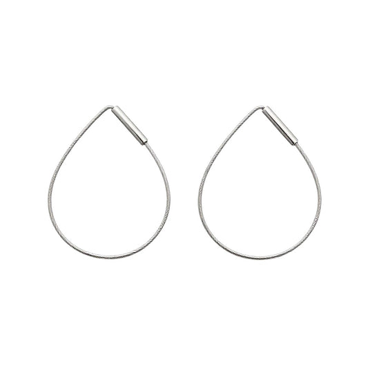 Pair of silver teardrop hoop earrings on a white background