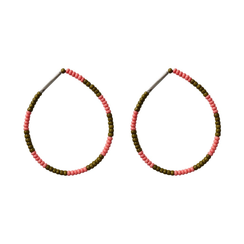 Watermelon beaded hoop earrings featuring olive and pink beads on silver hoops